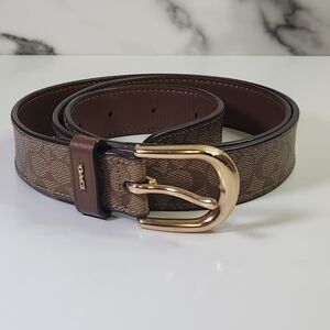Coach Signature Brown Monogram Leather Belt with Gold Buckle
